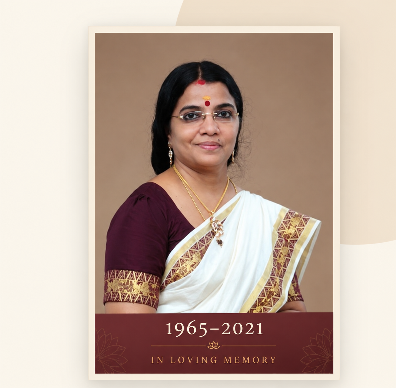 Chithra Sreekumar memorial portrait, 1965–2021 — In loving memory